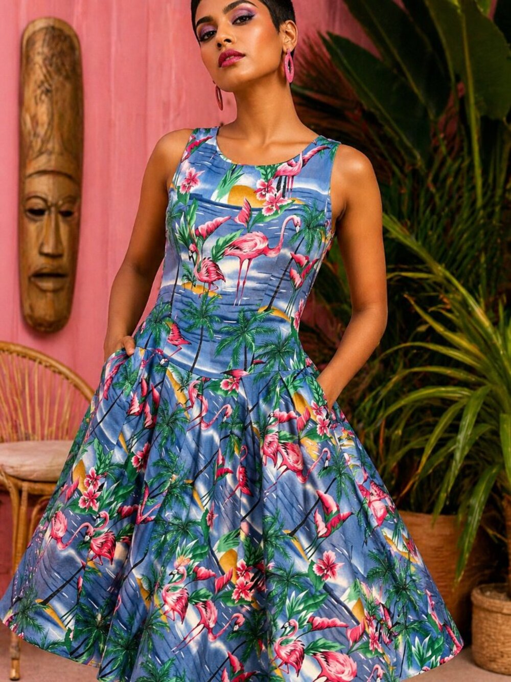 Dolly & Dotty Flamingo Tropical Print Swing Dress Retro 50s UK 8 US 4 NEW